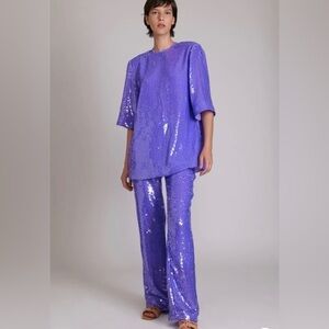 🌷 Sabina Musayev🌷NWT Purple Sequin Set Pants Top  Jacket & Satin Bralette